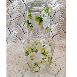Hand Painted Floral Glass Bedside Water Carafe Tumble Up White Green Yellow